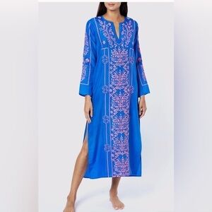 Juliet Dunn Blue Silk Maxi Kaftan with Contrast Embroidery NWT (not beach dress)